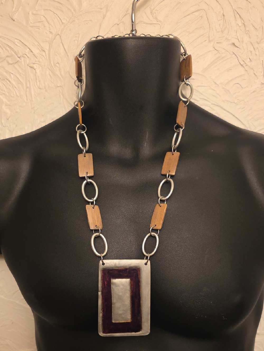 Handcrafted Wood & Metal Pendant Necklace - Brown